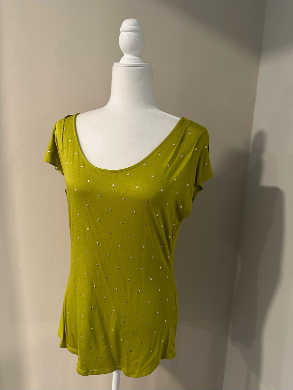 Willi Smith Olive Green Scoop Neck Tee with Rhinestone Dots